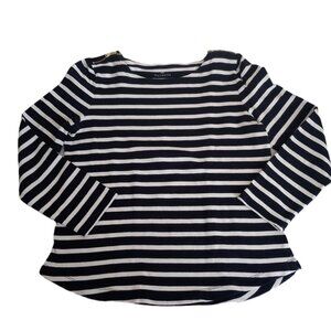Talbots Black White Stripe Scoopneck Top Gold Zipper Shoulder Women’s L